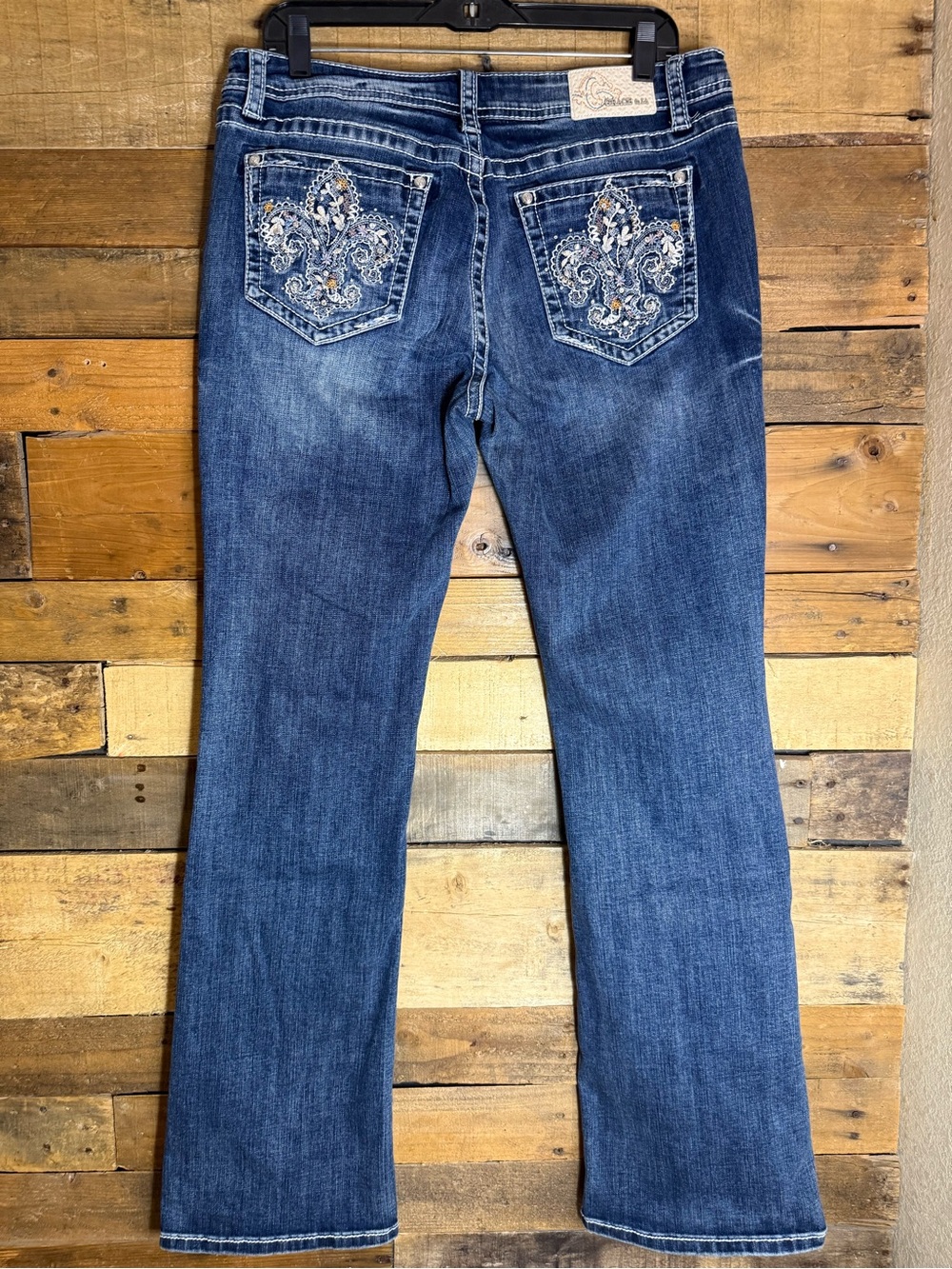 Grace in LA Jeans size 33 Embroidered Fleur De Lis Rhinestones Bootcut EB51787